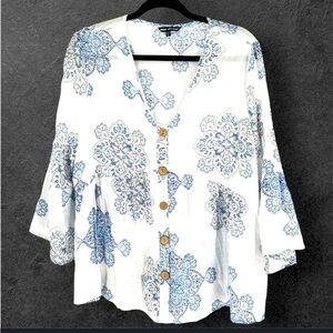 Unique Spectrum Button Up Ruffle SM Top/Blouse White Blue Floral Boho Hippie